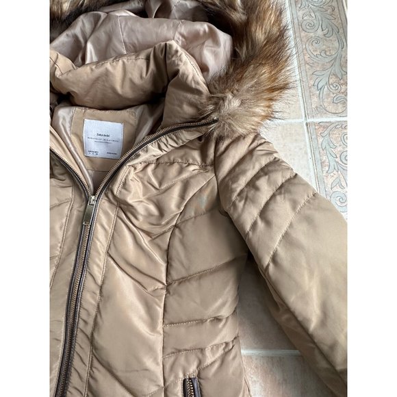 Zara‎ Basic Worn once down feather blend fur hood trim coat beige caramel size S - Picture 11 of 14